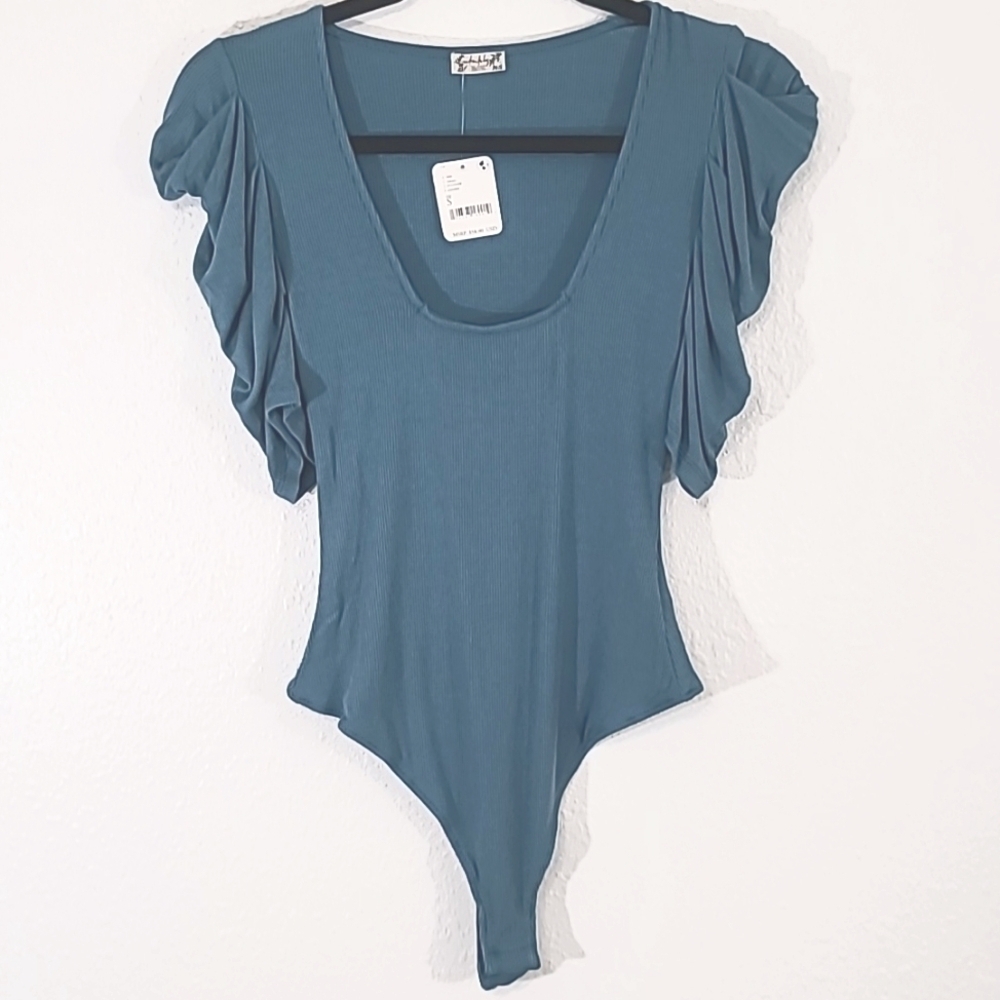 *NWT* INTIMATELY FREE PEOPLE Bodysuit Larkspur (Blue-Green) Ruched Sleeves, S